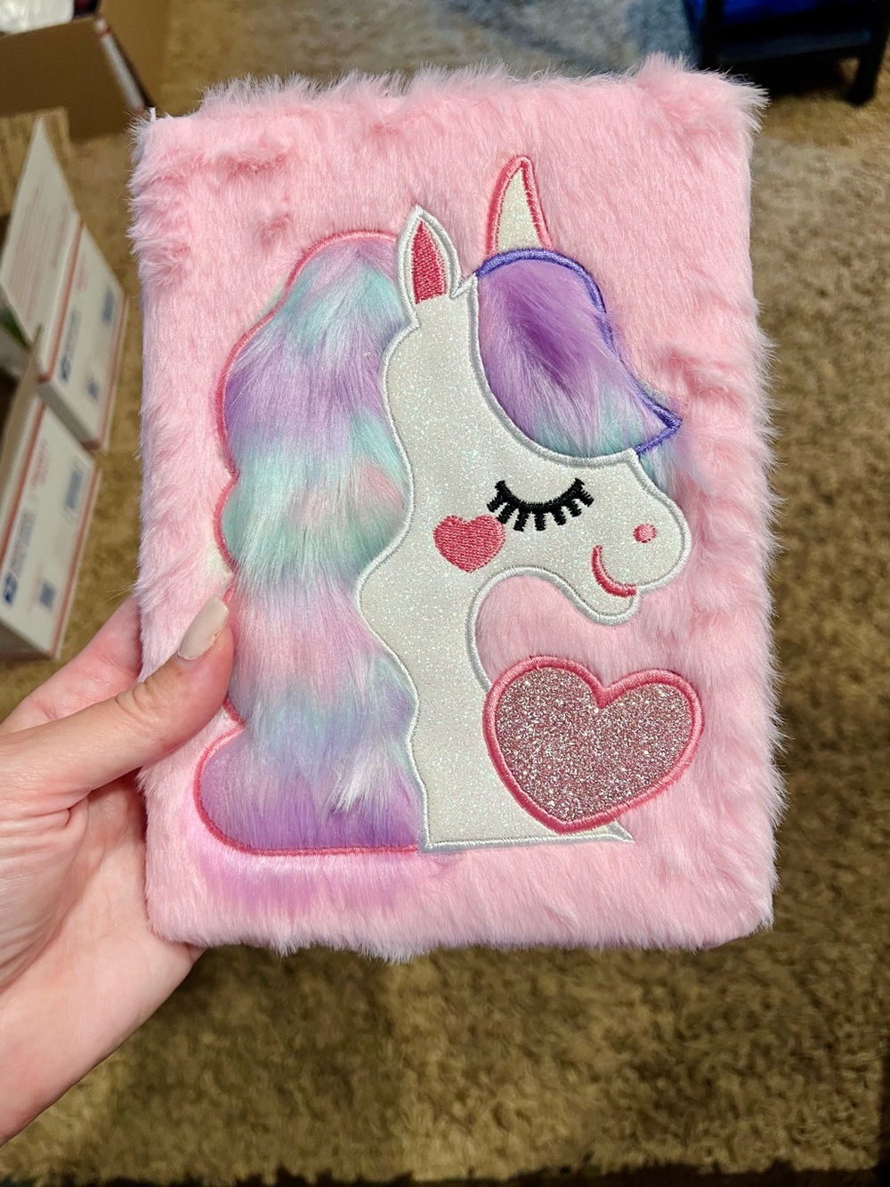 Pink Faux Fur Unicorn Notebook with Sparkle Heart - Kids Accessories